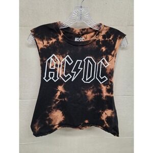 AC/DC Bleach Tie Dye Muscle Tee Sleeveless Graphic Band Shirt Black Brown Medium